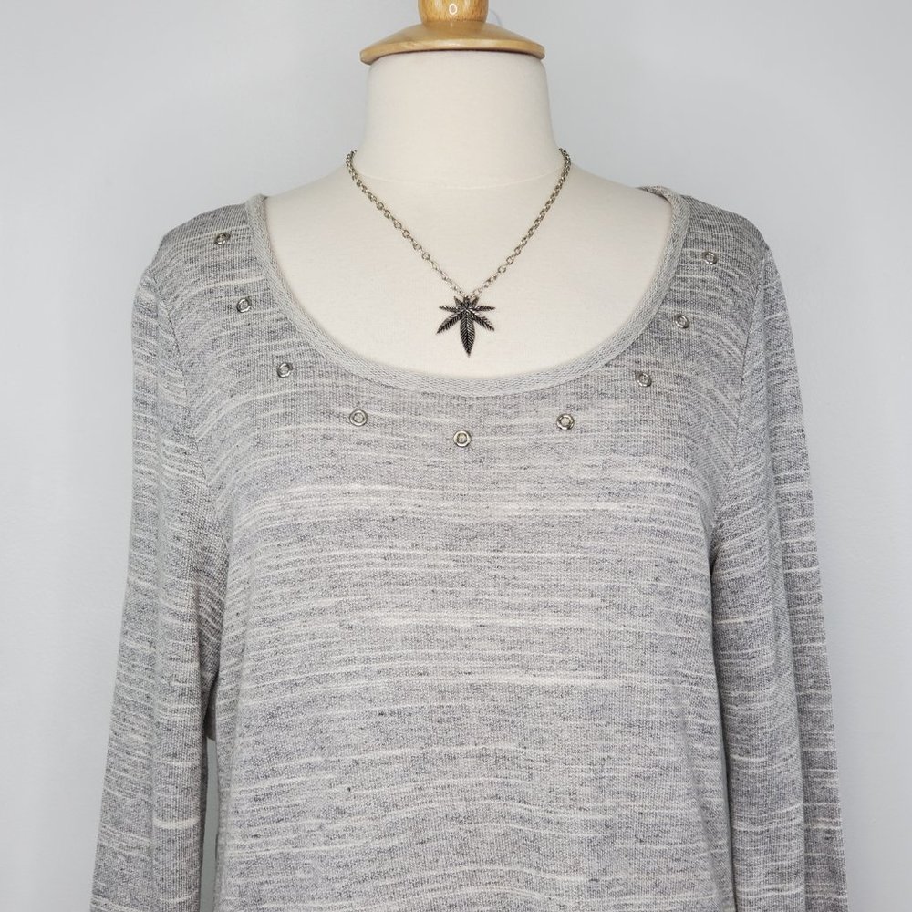 Kenar Women's Gray Pullover Mixed Media Knit High-Low Long Sleeve Top Size L - Picture 2 of 11